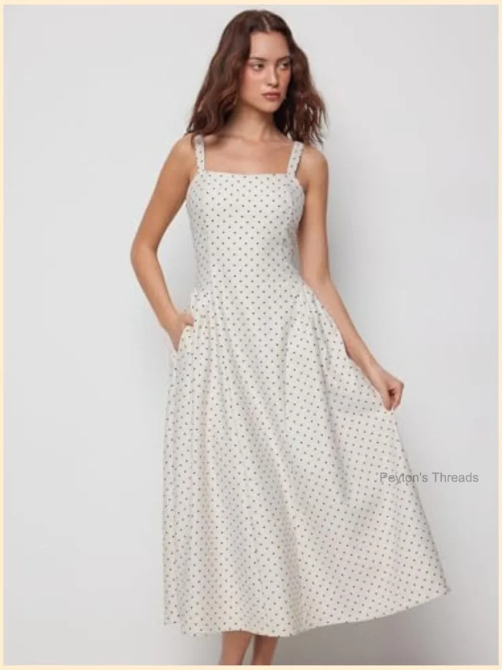 Polka Dot Midi A-Line Dress with Side Pockets Square Neck Sleeveless - Picture 6 of 7